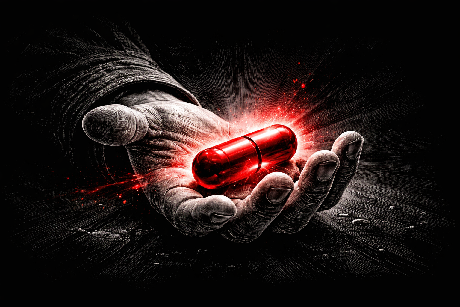 Mano ofreciendo la píldora roja